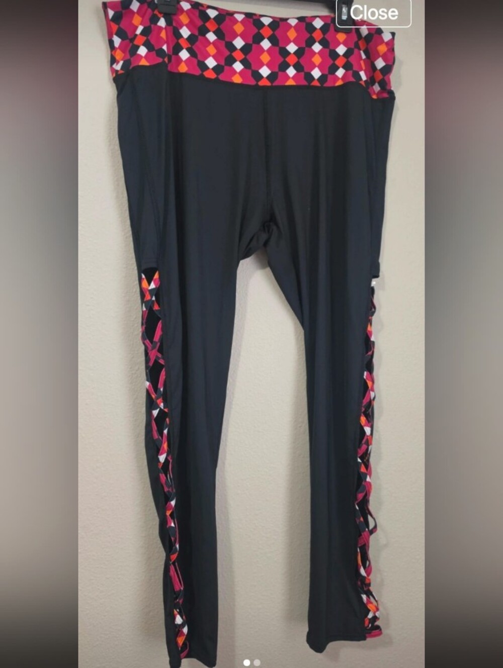 Ashley Stewart Black Leggings with Pink & Orange Geometric Side Panels